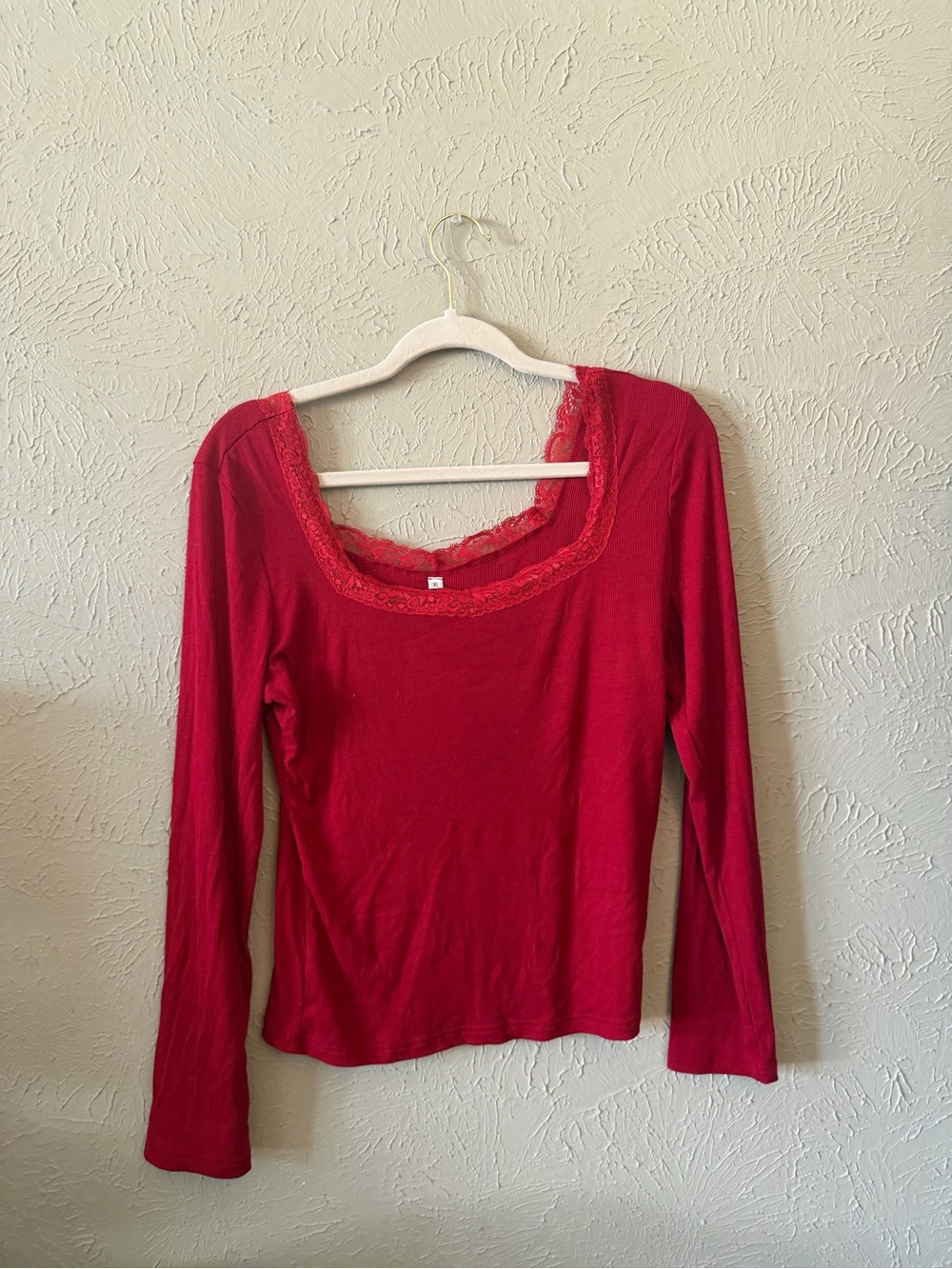 Red Lace-Trim Long Sleeve Women's Top